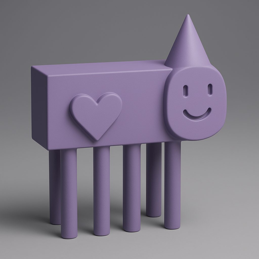 A purple five-legged figurine interpretation with a heart on its rectangular body
