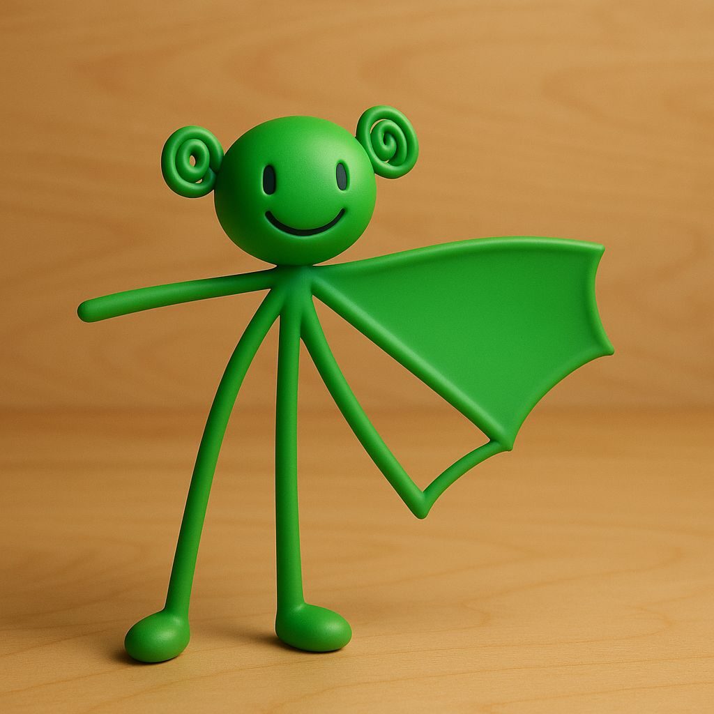 A green figurine interpretation with spiral ears and a wing, standing on a wood-coloured surface