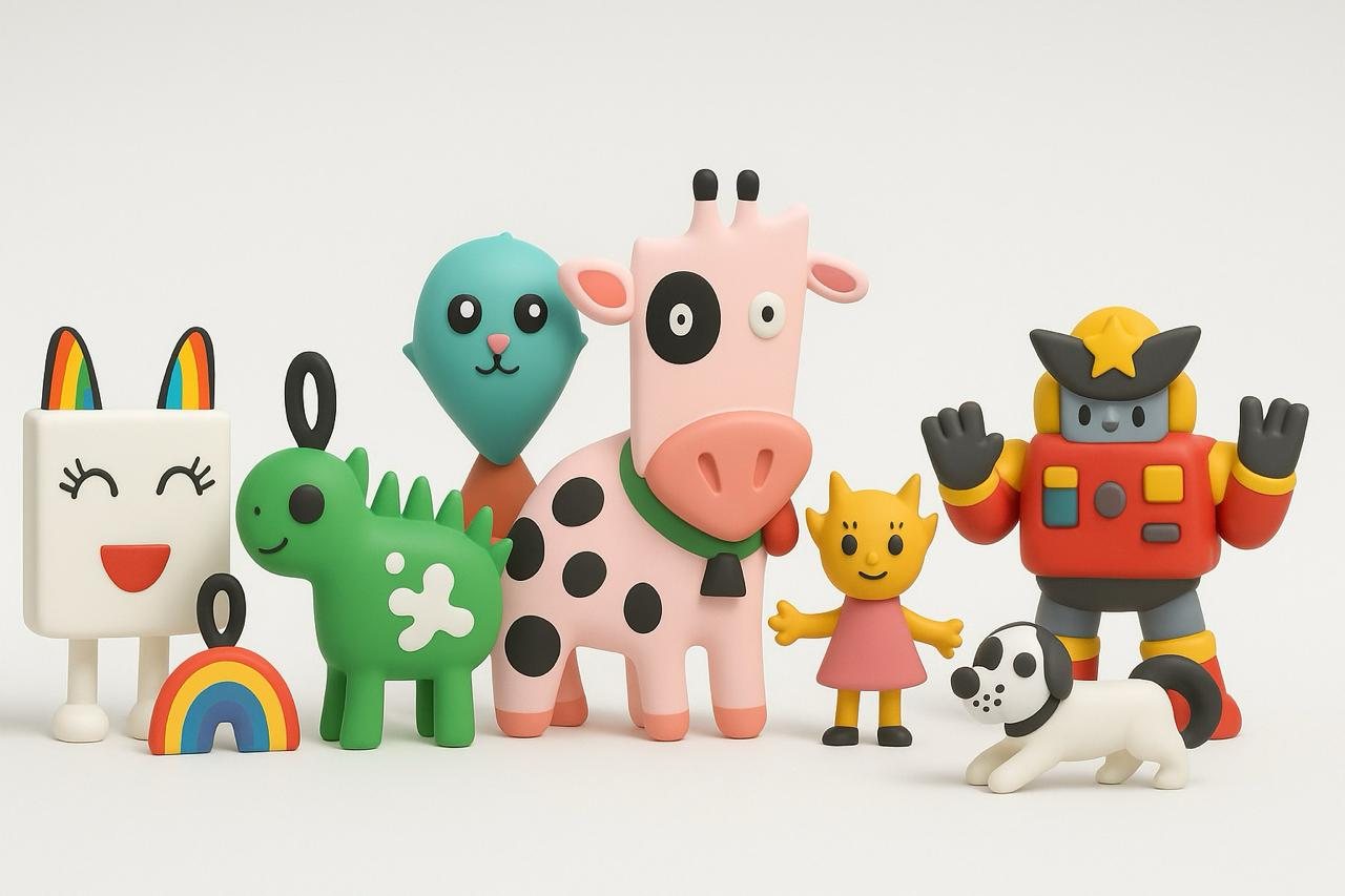 A collection of colourful character figurines made from children’s drawings